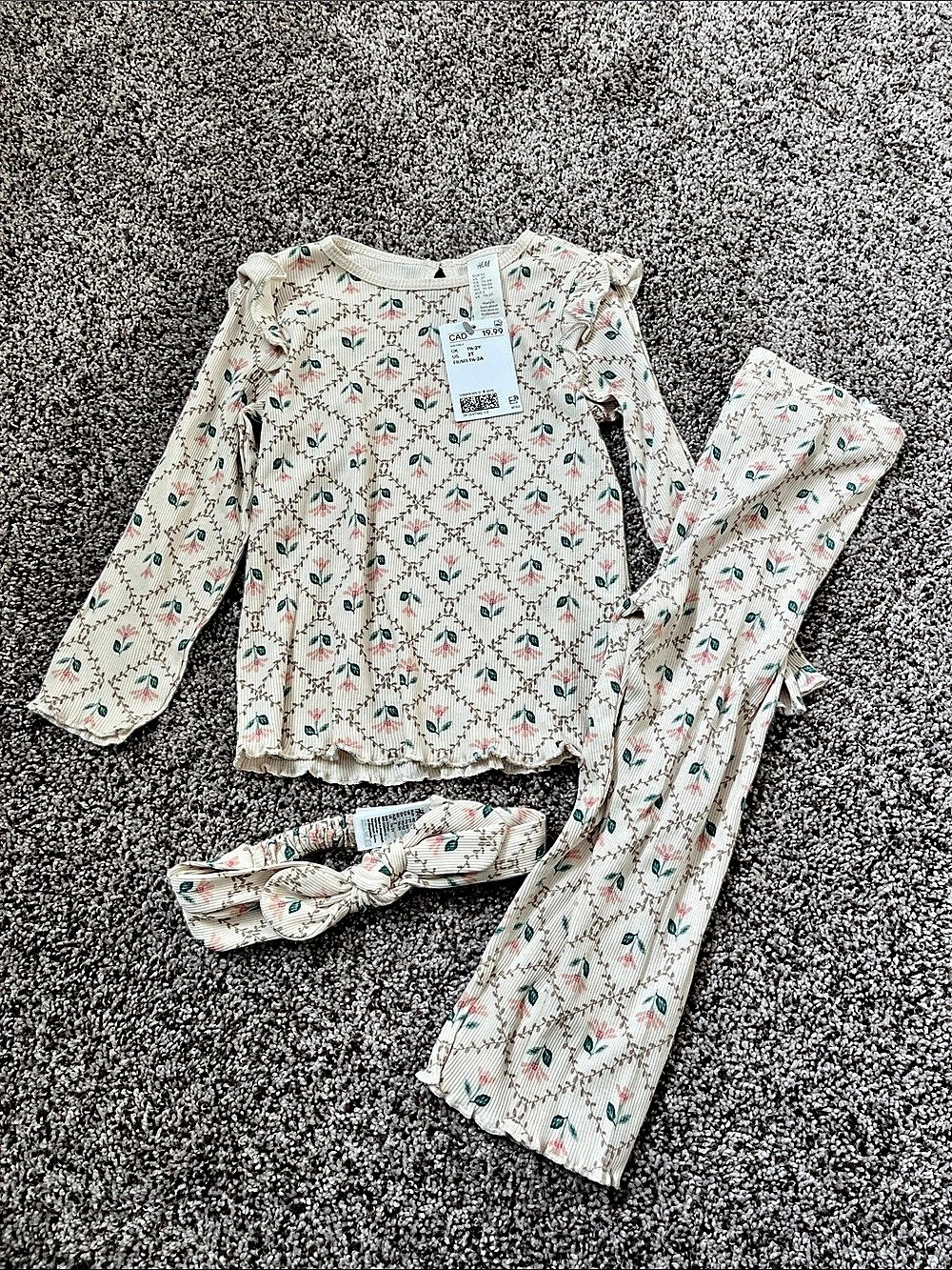 H&M 3-piece Cotton Ribbed Set Girls Floral Matching Set Size 2T NWT